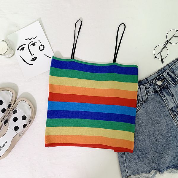 rainbow stripe knit cami women boho stretchy vintage slim fit summer vests spaghetti strap cute crop mujer verano 2019 y200701, White
rainbow stripe knit cami women boho stretchy vintage slim fit summer vests spaghetti strap cute crop mujer verano 2019 y200701, White