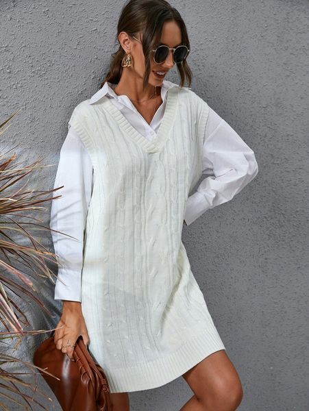 cable knit vest sweater dress without blouse c4cr#, Black;gray