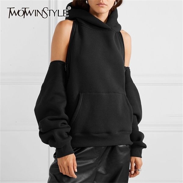twotwinstyle casual loose women's sweatshirts hooded long sleeve zipper backless off shoulder sweatshirt for female fashion 201211, Black
twotwinstyle casual loose women's sweatshirts hooded long sleeve zipper backless off shoulder sweatshirt for female fashion 201211, Black