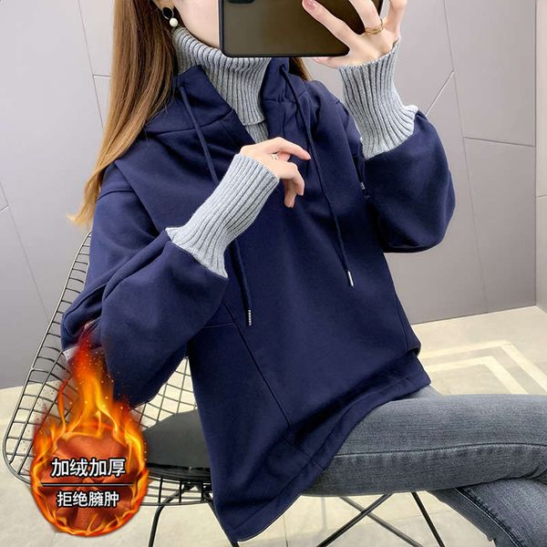 plush hooded fake two pieces of high collar women's sweater, Black
plush hooded fake two pieces of high collar women's sweater, Black