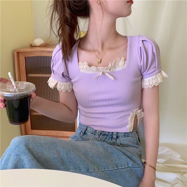 purple sweet stitching lace slim-fit short-sleeved t-shirt female 2020 summer korean-style scheming split short top, White
purple sweet stitching lace slim-fit short-sleeved t-shirt female 2020 summer korean-style scheming split short top, White