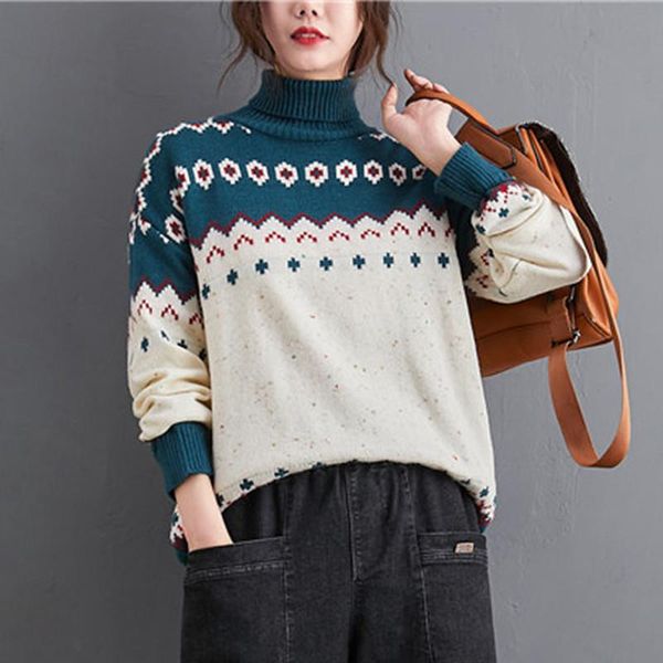 women's sweaters johnature casual women pullover 2021 winter turtleneck loose print knitting female, White;black
women's sweaters johnature casual women pullover 2021 winter turtleneck loose print knitting female, White;black