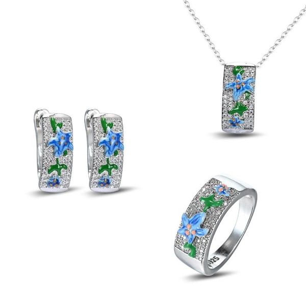 3pcs set trendy blue flower leaf enamel earrings ring necklace bohemia style jewelry set, Silver
3pcs set trendy blue flower leaf enamel earrings ring necklace bohemia style jewelry set, Silver