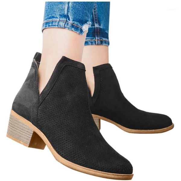 women's retro ankle boots suede solid color large size slip-on hollow out med square root heels short boots shoes botas mujer1, Black
women's retro ankle boots suede solid color large size slip-on hollow out med square root heels short boots shoes botas mujer1, Black