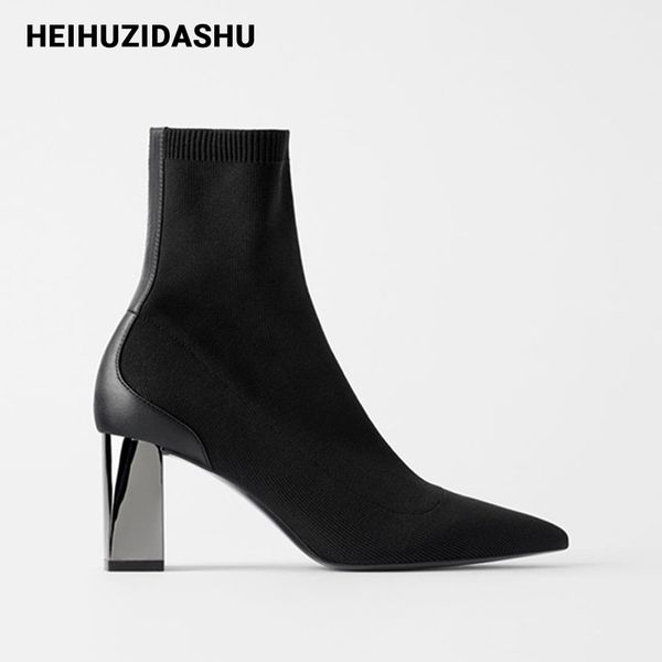 genuine leather ankle boots for women black slim stretch knitted sock boots women winter plush warm high heels women boots 201020
genuine leather ankle boots for women black slim stretch knitted sock boots women winter plush warm high heels women boots 201020