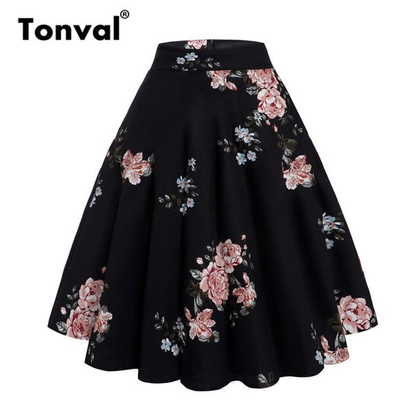 

tonval peony floral vintage a line black flare swing skirts womens summer plus size cotton 50s retro skater skirt y200326