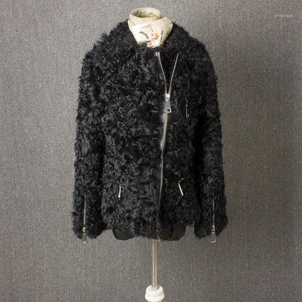women's fur & faux real jacket women winter coat high grade zipper wool1, Black