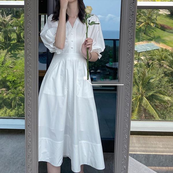 summer dress women elegant half bell puff sleeve buttons slim waist a line cotton white v neck dress beach temperament clothes, Black;gray
summer dress women elegant half bell puff sleeve buttons slim waist a line cotton white v neck dress beach temperament clothes, Black;gray