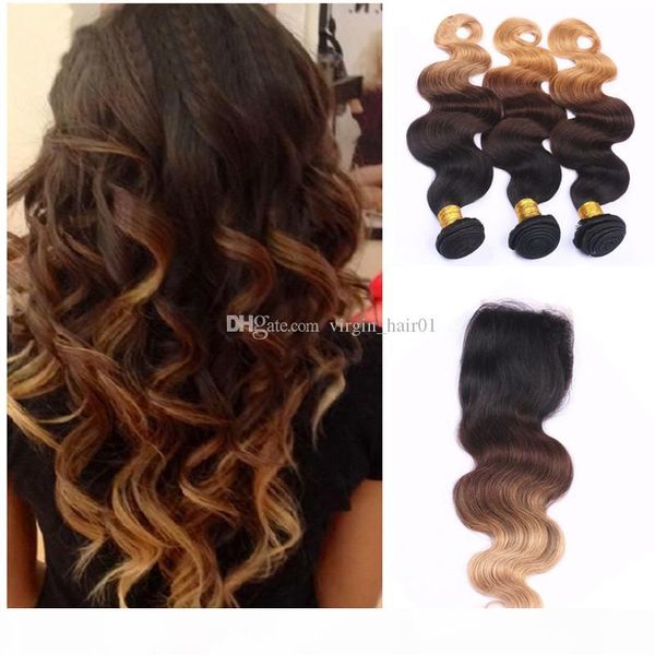 peruvian human virgin hair body wave 3 bundles with lace closure three tone 1b 4 27 ombre hair with closure, Black;brown 
peruvian human virgin hair body wave 3 bundles with lace closure three tone 1b 4 27 ombre hair with closure, Black;brown