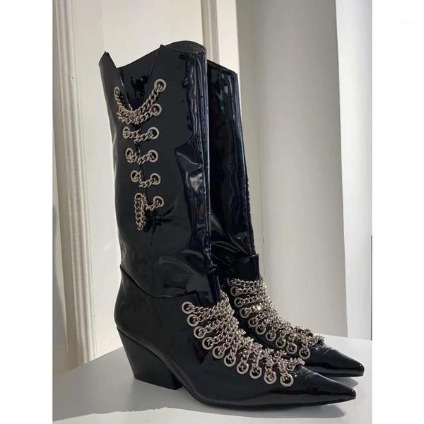 boots women's mid-calf knight motorcycle high heels metal chain decoration pointed toe patent leather shoes m341, Black
boots women's mid-calf knight motorcycle high heels metal chain decoration pointed toe patent leather shoes m341, Black