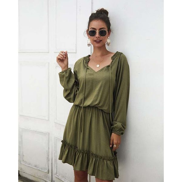 autumn and winter solid color long-sleeved dress fashion women's elastic waist ruffled v-neck dresses wl189, Black;gray
autumn and winter solid color long-sleeved dress fashion women's elastic waist ruffled v-neck dresses wl189, Black;gray