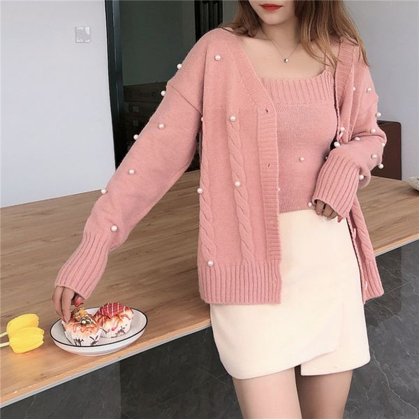 women's sling coat knitting cardigan suspender sweater two piece set 2020 new lazy style short solid color loose coat for women axaei, White;black
women's sling coat knitting cardigan suspender sweater two piece set 2020 new lazy style short solid color loose coat for women axaei, White;black