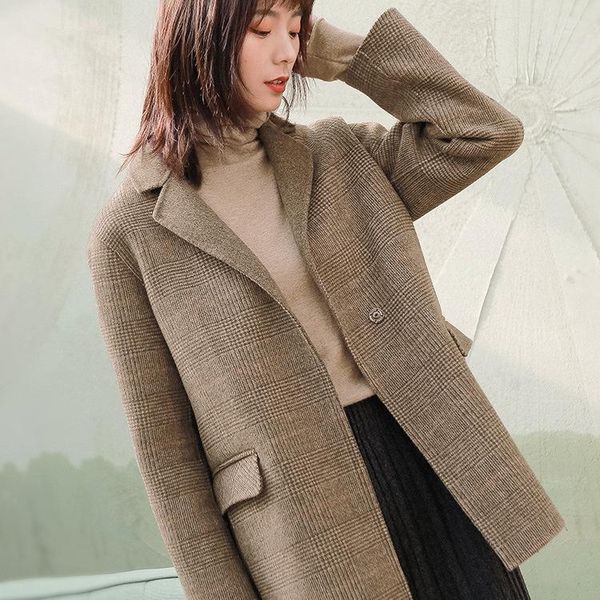 women's wool & blends korean retro plaid coat autumn winter 2021 double faced and woollen, Black
women's wool & blends korean retro plaid coat autumn winter 2021 double faced and woollen, Black