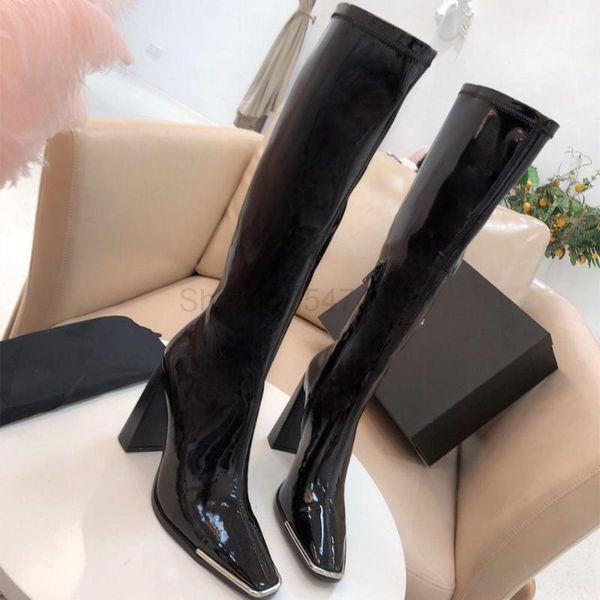 high boots for women high 10cm chunky heels golden metal decoration black patent leather elastic zipper 2020runway fashion
high boots for women high 10cm chunky heels golden metal decoration black patent leather elastic zipper 2020runway fashion