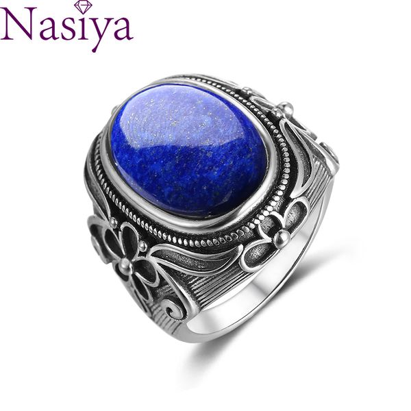 

nasiya luxury vintage sterling silver ring 11x17mm big oval lapis lazuli rings for men women fine jewelry party anniversary, Golden;silver