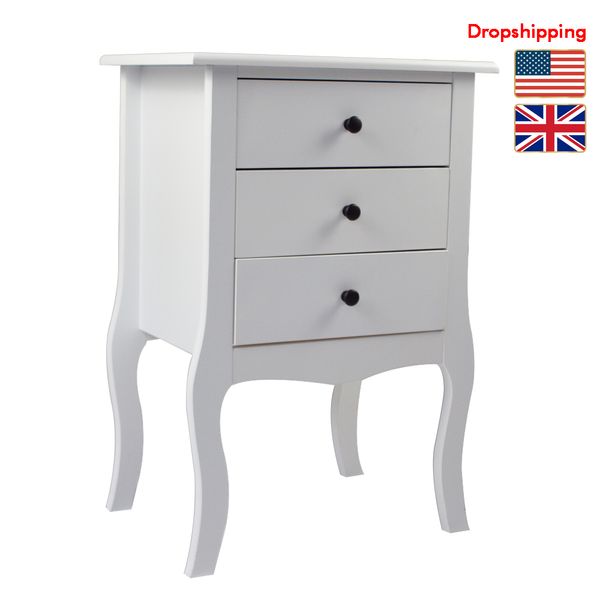 Stock In Us Uk Nightstand Bedside Table Three Drawer Wood Cabinet White For Living Room Bedroom