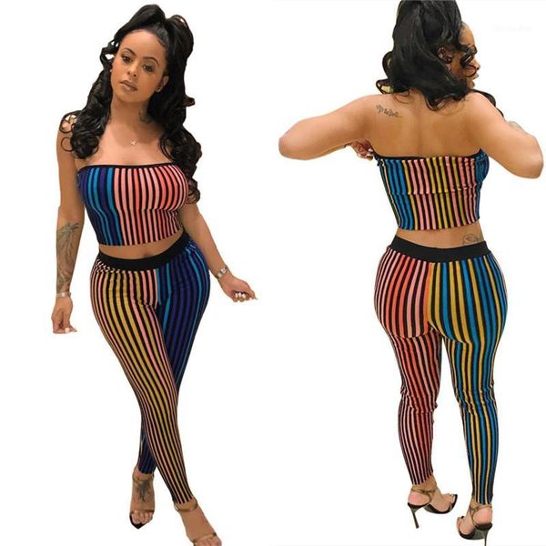 women streetwear colorful striped two piece outfits print skinny pants suit strapless crop and pant sets spring summer sets1, White
women streetwear colorful striped two piece outfits print skinny pants suit strapless crop and pant sets spring summer sets1, White