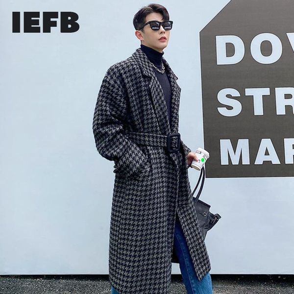 iefb men's autumn witner woolen coat bright silk long sleeve black plaid mid length notched collar long clothes with belt 9y4711
iefb men's autumn witner woolen coat bright silk long sleeve black plaid mid length notched collar long clothes with belt 9y4711