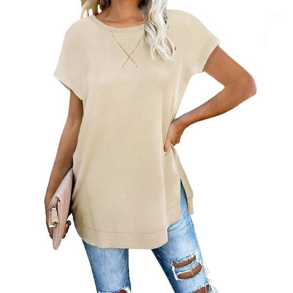 2020 women spring summer women new fashion solid color round neck short sleeve t shirt front and rear split 1, White
2020 women spring summer women new fashion solid color round neck short sleeve t shirt front and rear split 1, White