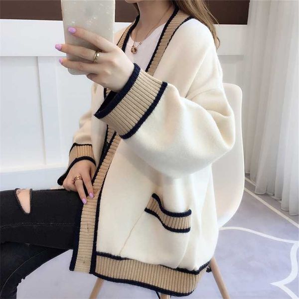 women's cardigan knitted korean fashion stripe wool sweater for women winter long sleeve v-neck casual knitwear coats female 211221, White;black 
women's cardigan knitted korean fashion stripe wool sweater for women winter long sleeve v-neck casual knitwear coats female 211221, White;black