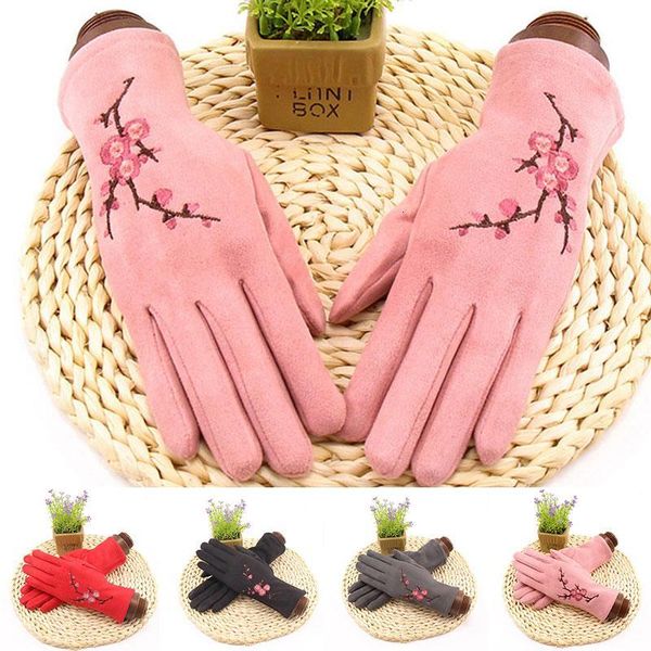 1 pairs suede leather gloves plum blossom embroidery mittens warm cashmere plus velvet full finger touch screen driving gloves, Blue;gray 
1 pairs suede leather gloves plum blossom embroidery mittens warm cashmere plus velvet full finger touch screen driving gloves, Blue;gray
