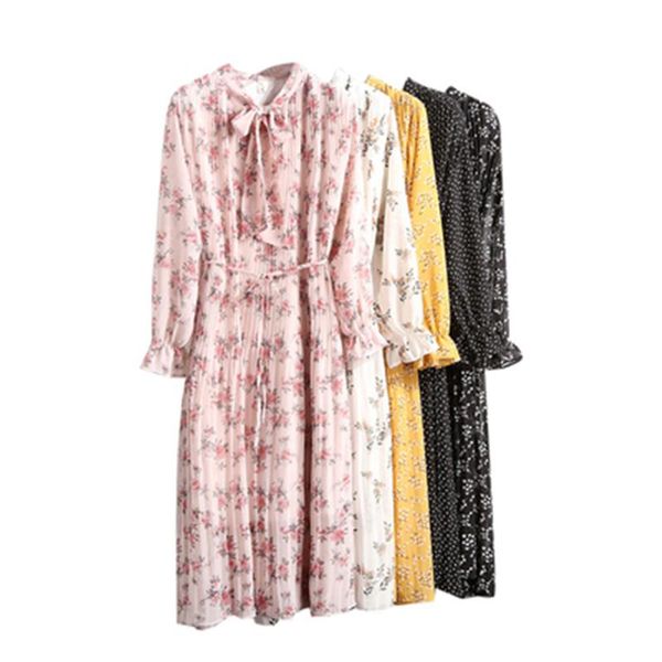 new women's floral print pleated chiffon dress 2020 spring autumn new female casual flare sleeve lace up bow neck basic dresses, Black;gray
new women's floral print pleated chiffon dress 2020 spring autumn new female casual flare sleeve lace up bow neck basic dresses, Black;gray