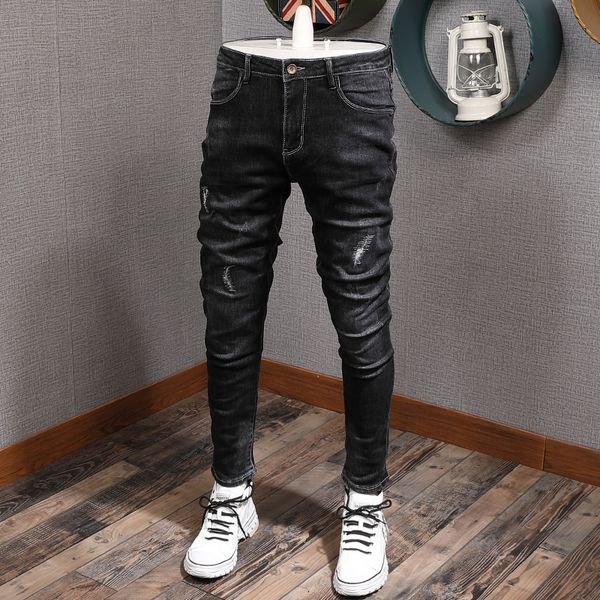 2021 new korean style fashion men black color slim fit elastic ripped jeans streetwear hip hop denim long pencil pants 1xbs, Blue
2021 new korean style fashion men black color slim fit elastic ripped jeans streetwear hip hop denim long pencil pants 1xbs, Blue