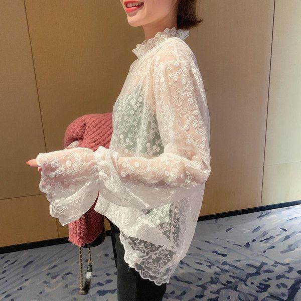 women's blouses & shirts perspective women gauze shirt floral lace casual loose flare sleeve ladies base fashion winter clothing, White
women's blouses & shirts perspective women gauze shirt floral lace casual loose flare sleeve ladies base fashion winter clothing, White