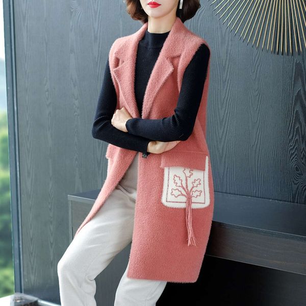 temperament pocket thick knitted korean long versatile women's suit waistcoat collar, White;black 
temperament pocket thick knitted korean long versatile women's suit waistcoat collar, White;black