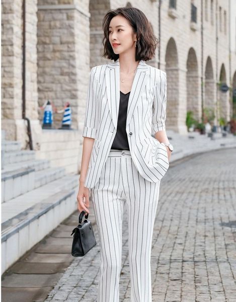 women's two piece pants elegant striped half sleeve formal women business suits spring summer ladies office work wear blazers pantsuits, White
women's two piece pants elegant striped half sleeve formal women business suits spring summer ladies office work wear blazers pantsuits, White