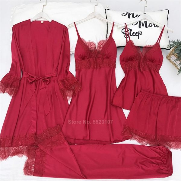 solid color women pajamas set lace silk satin smoooth sleepwear home wear breathable comfy 5pcs nightwear set y200708, Black;red
solid color women pajamas set lace silk satin smoooth sleepwear home wear breathable comfy 5pcs nightwear set y200708, Black;red