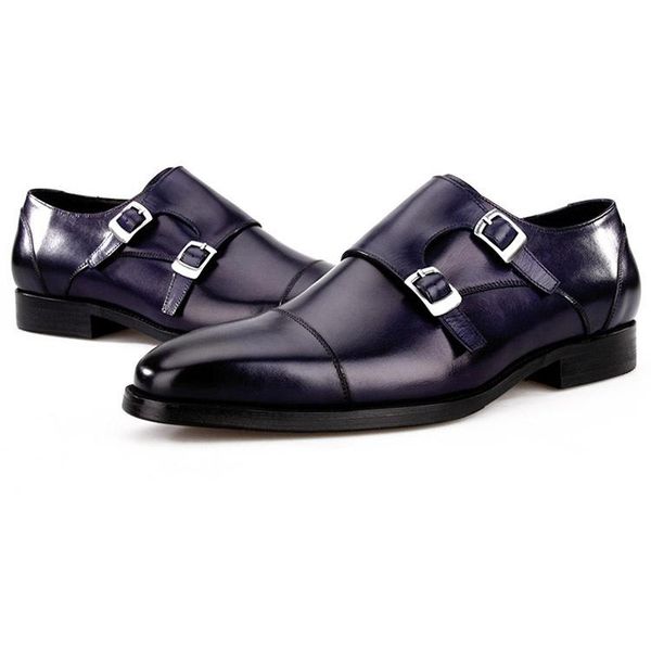 fashion black / blue double monk strap business shoes genuine leather mens wedding dress shoes