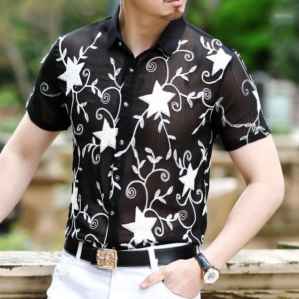 star printing summer short sleeve shirts men clothing transparent designer shirt see through chemise homme camisa hombre1, White;black
star printing summer short sleeve shirts men clothing transparent designer shirt see through chemise homme camisa hombre1, White;black
