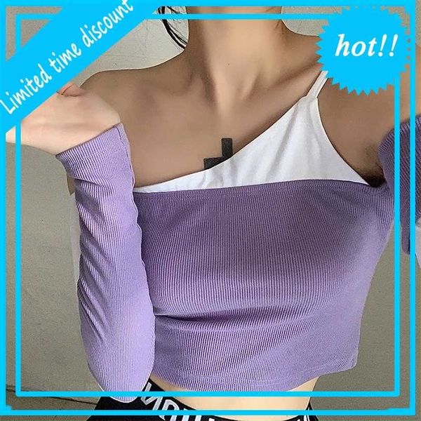 2021 women's autumn new color contrast one shoulder long sleeve open navel t-shirt for women, White
2021 women's autumn new color contrast one shoulder long sleeve open navel t-shirt for women, White