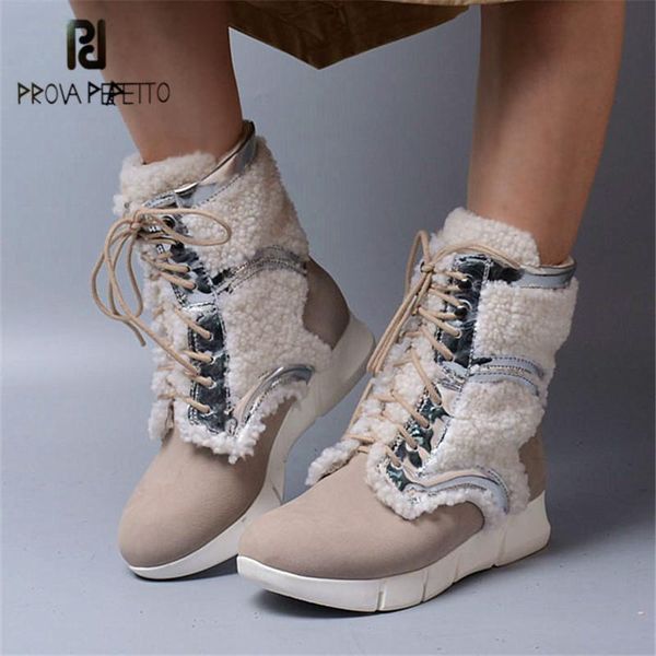 boots prova perfetto 2021 winter women genuine leather fur female rubber wedge boot comfortable lace up warm snow, Black