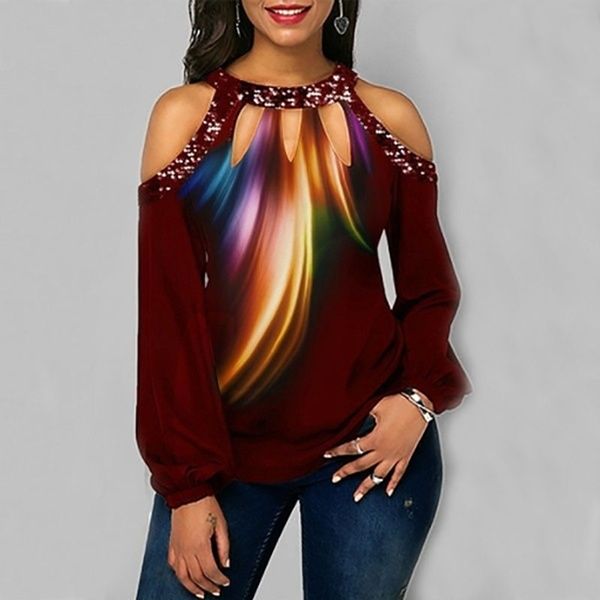 women summer off-the-shoulder t-shirt cold shoulder flower print casual long sleeve round neck loose sequins blusas d3 201125, White
women summer off-the-shoulder t-shirt cold shoulder flower print casual long sleeve round neck loose sequins blusas d3 201125, White