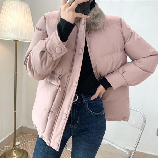 female winter cotton-quilted parkas fur collar of the false loose casual waist pink cord down cotton jacket p1918 y1wn, Black 
female winter cotton-quilted parkas fur collar of the false loose casual waist pink cord down cotton jacket p1918 y1wn, Black