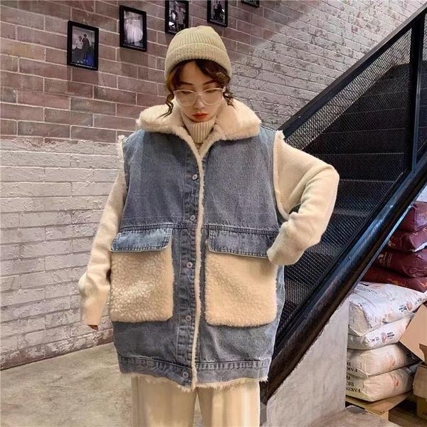 women denim vest winter splicing cotton denim jacket fashion design sense korean thick loose vest college style oversize, Black;white
women denim vest winter splicing cotton denim jacket fashion design sense korean thick loose vest college style oversize, Black;white