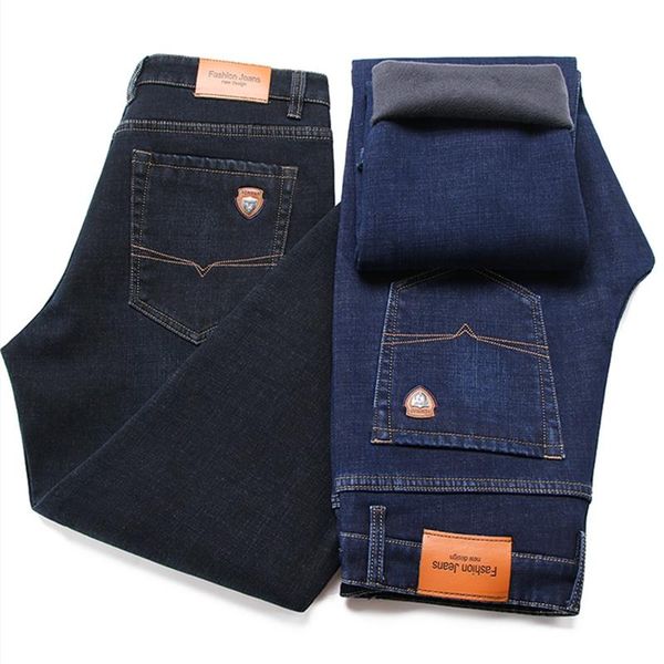men's jeans business high waist winter plush thick classic loose straight-leg warm denim trousers fashion casual stretch pants, Blue 
men's jeans business high waist winter plush thick classic loose straight-leg warm denim trousers fashion casual stretch pants, Blue