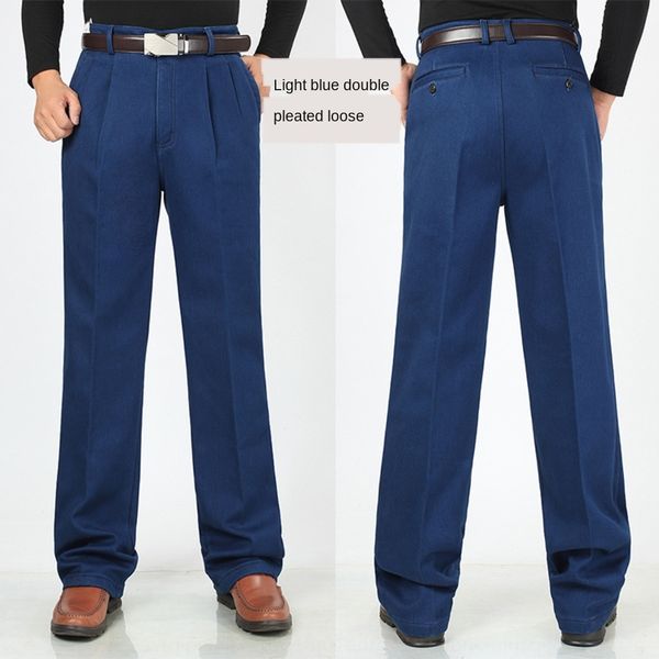 winter middle-aged and old people's double pleated loose high waist jeans with jeans men's pants trousers plush thickening and hig, Blue
winter middle-aged and old people's double pleated loose high waist jeans with jeans men's pants trousers plush thickening and hig, Blue