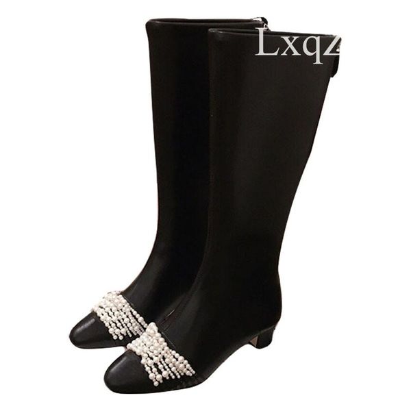 brand string pearl decor natural leather women knee high boots thick heel zipper female martin boots motorcycle long botas, Black
brand string pearl decor natural leather women knee high boots thick heel zipper female martin boots motorcycle long botas, Black