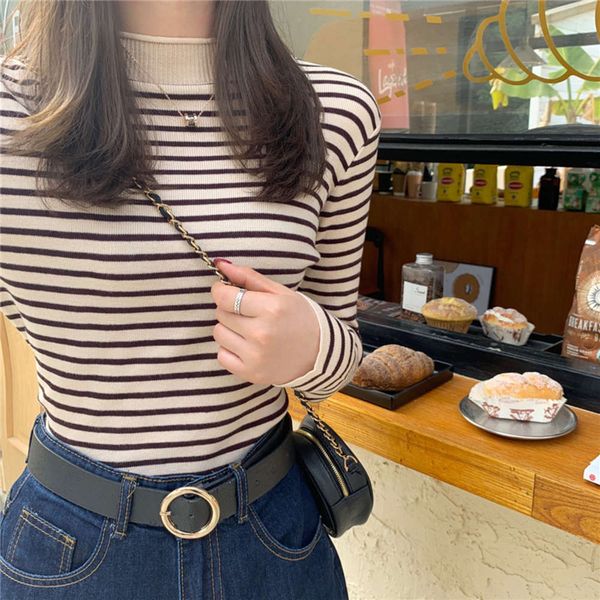 2020 winter new korean slim half high collar long sleeve fashionable striped bottomed pullover top, White
2020 winter new korean slim half high collar long sleeve fashionable striped bottomed pullover top, White