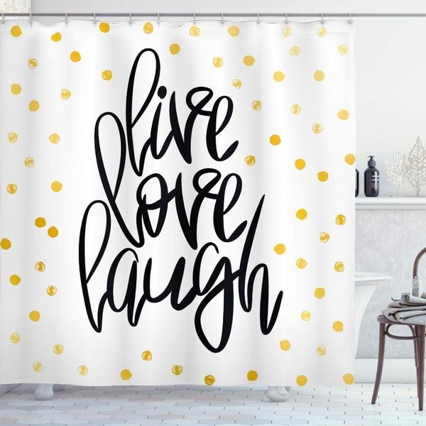 live laugh love shower curtain hand lettering on dotted backdrop inspirational phrase bathroom decor set with hooks 70" long1
live laugh love shower curtain hand lettering on dotted backdrop inspirational phrase bathroom decor set with hooks 70" long1
