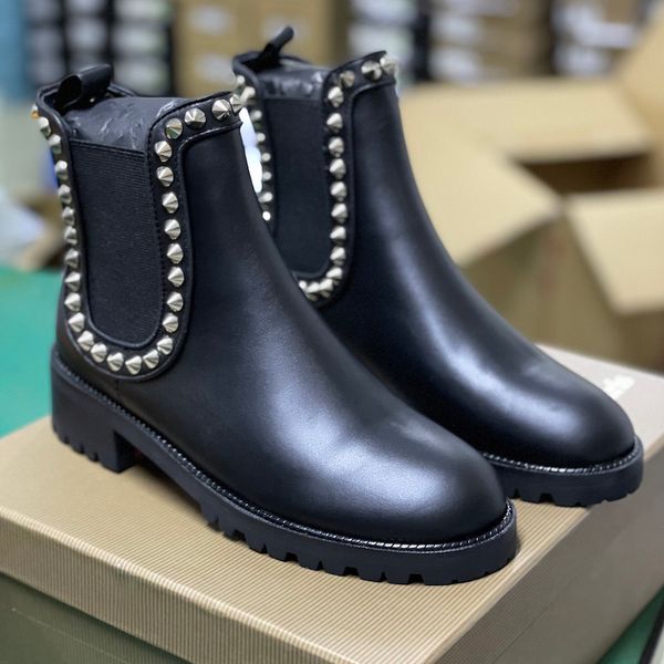women's black capahutta flat leather ankle boots red bottom boots moto heels martin boots genuine leather spikes studs shoes with box 2
women's black capahutta flat leather ankle boots red bottom boots moto heels martin boots genuine leather spikes studs shoes with box 2