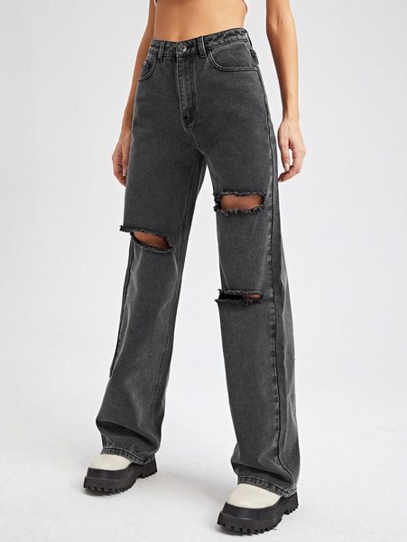 high waist ripped straight leg jeans p40o#, Blue