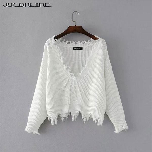 jyconline knitted women jumper black white v-neck ripped pullover pull femme oversized sweater knitwear y200910, White;black
jyconline knitted women jumper black white v-neck ripped pullover pull femme oversized sweater knitwear y200910, White;black
