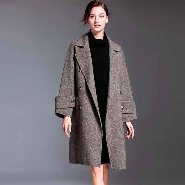 women double sided grey herringbone wool cashmere overcoats winter woolen jackets high end long handmade outwear oversize, Black
women double sided grey herringbone wool cashmere overcoats winter woolen jackets high end long handmade outwear oversize, Black