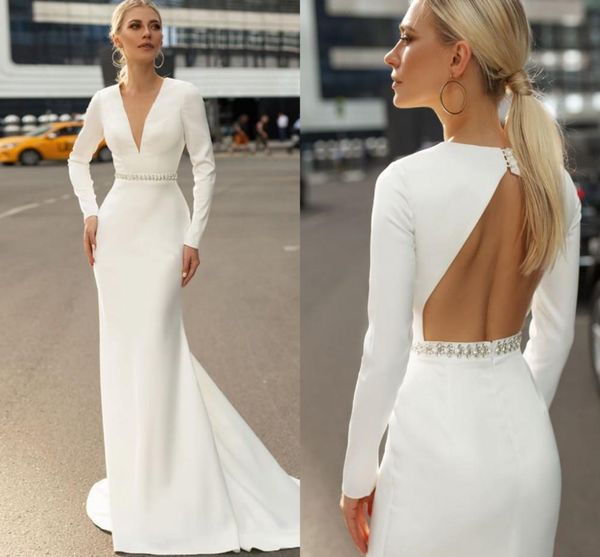2021 elegant classic mermaid weddding dresses v neck backless full long sleeves sweep train beading simple bridal gowns marriage dress, White
2021 elegant classic mermaid weddding dresses v neck backless full long sleeves sweep train beading simple bridal gowns marriage dress, White