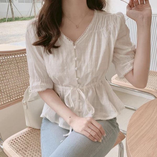 korean women pure cotton blouses 2021 spring summer sweet v-collar casual drawstring slim waist shirt women shirts1, White
korean women pure cotton blouses 2021 spring summer sweet v-collar casual drawstring slim waist shirt women shirts1, White