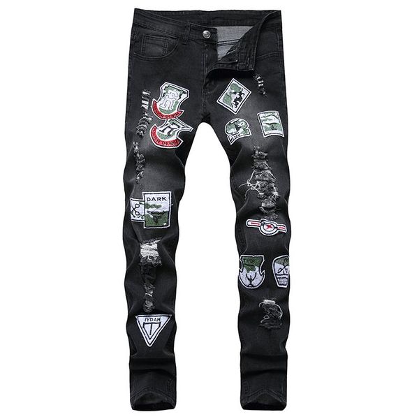 men's badge patch design ripped jeans streetwear slim skinny embroidered patchwork stretch denim pants trousers, Blue
men's badge patch design ripped jeans streetwear slim skinny embroidered patchwork stretch denim pants trousers, Blue